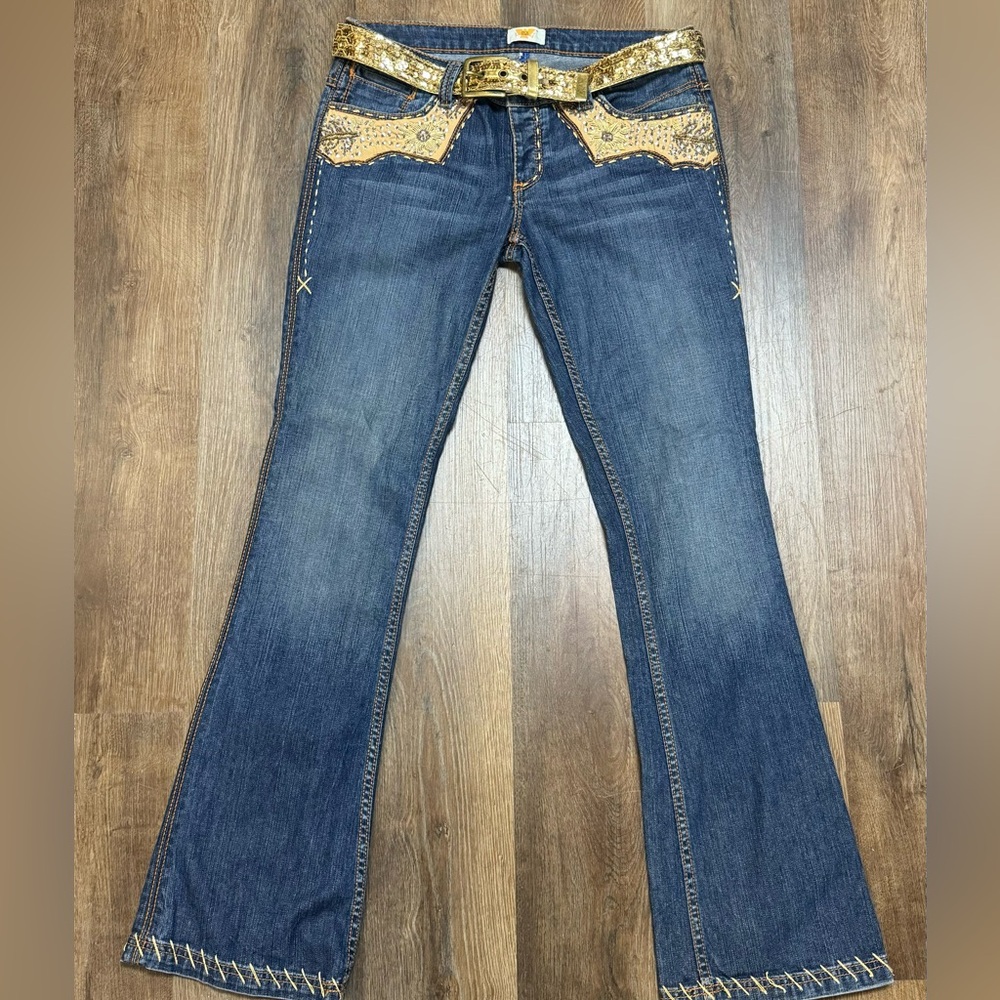 Antik Denim Blue and Gold Flare Wide Leg Jeans